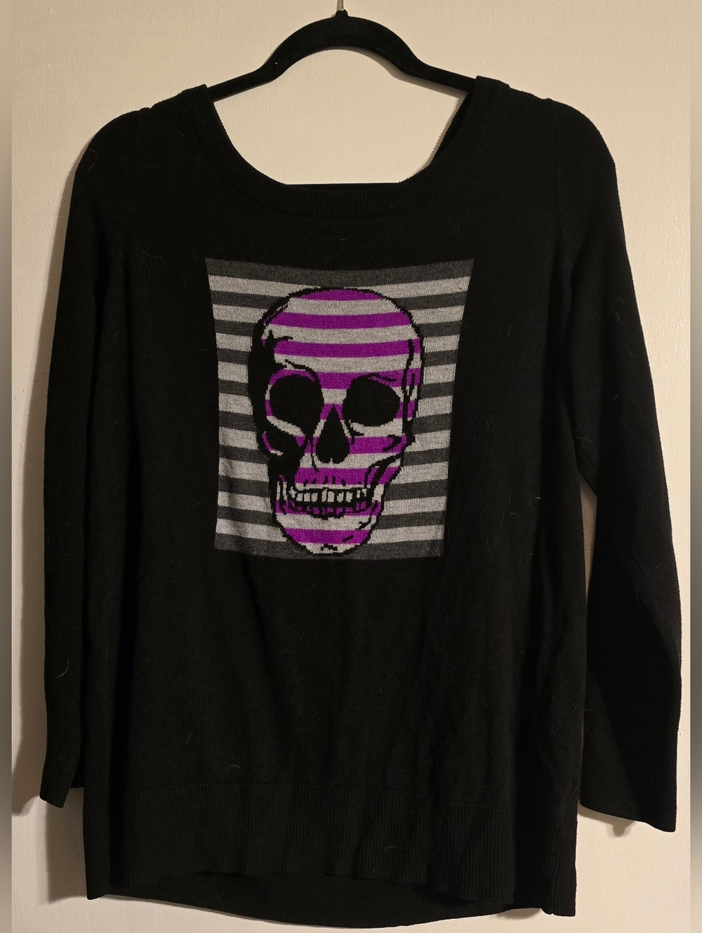 Torrid Black Sweater with Purple & Gray Striped Skull